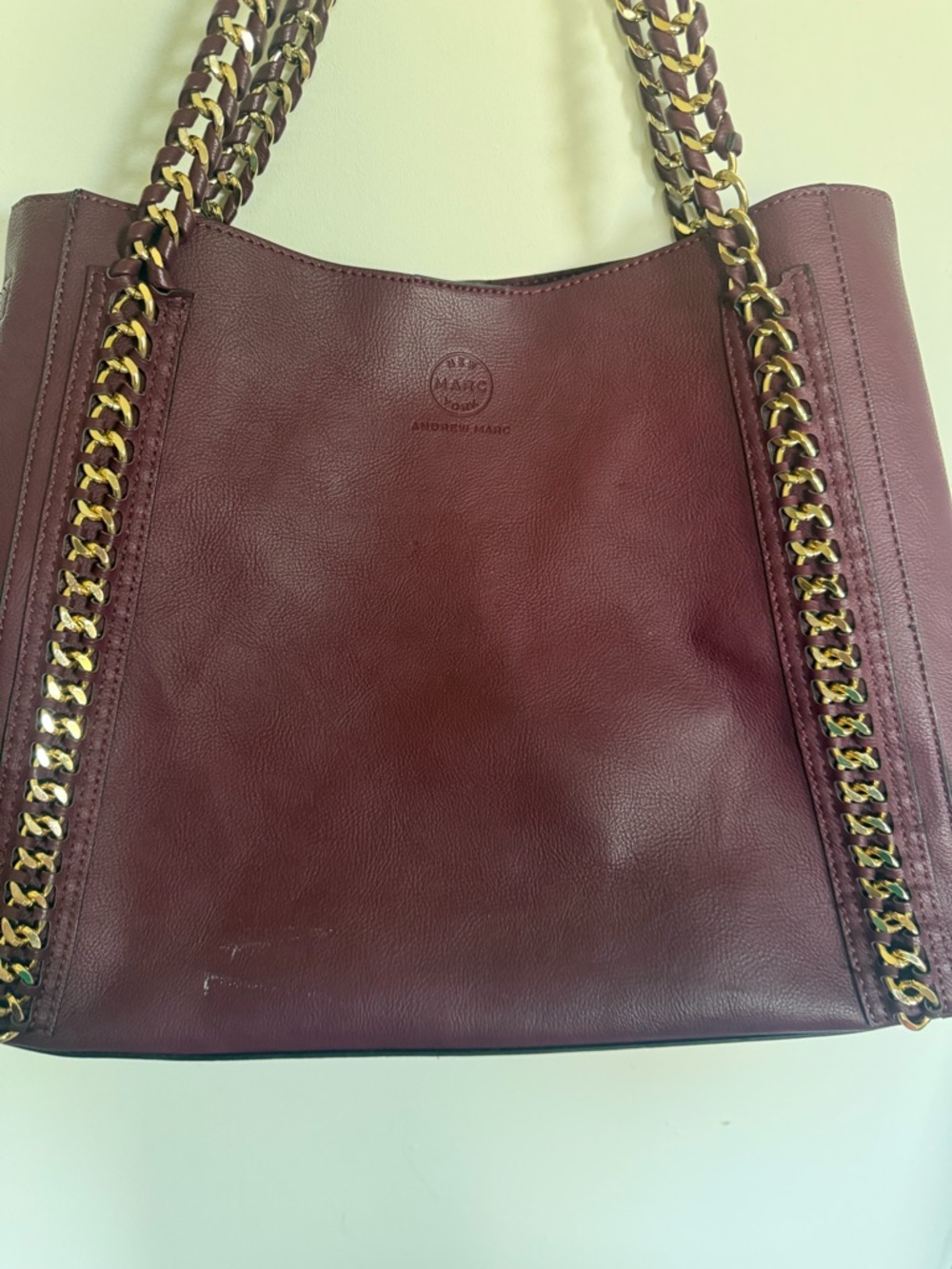 Andrew Marc New York Burgundy Leather Tote Chain Strap Shoulder Bag Large - Picture 3 of 10